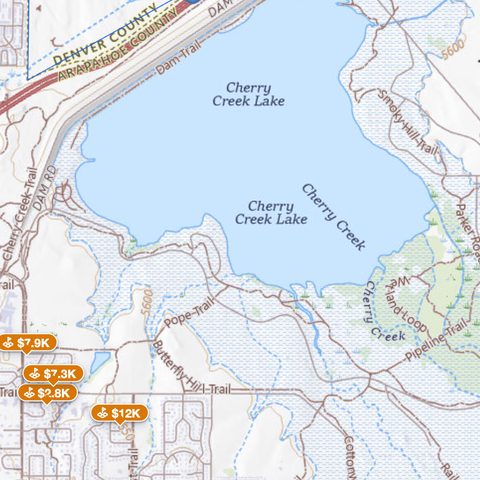 Cherry Creek Lake on the USGS topo base map