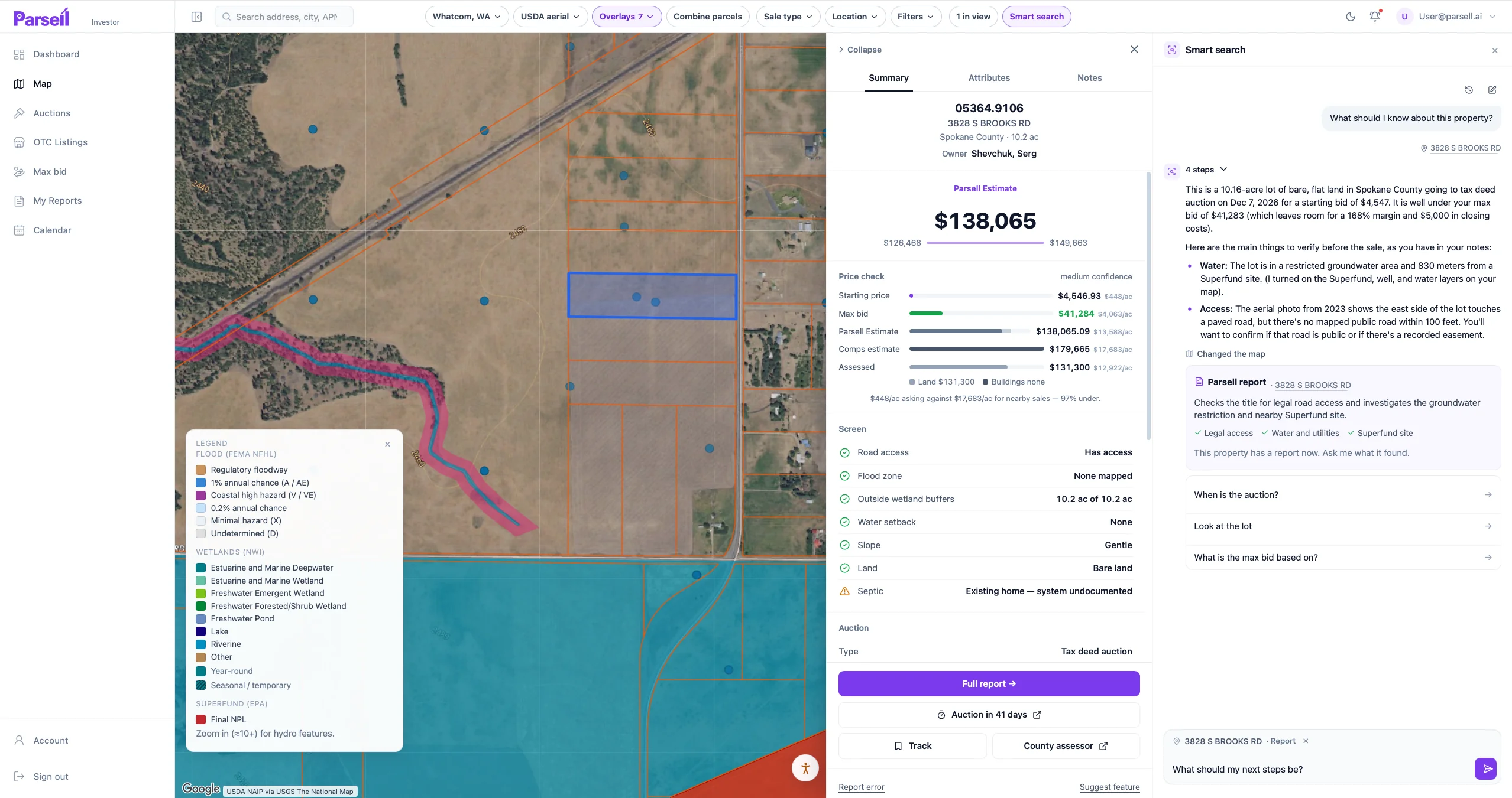 Parsell map with flood, wetland and stream overlays, the report panel for 3828 S Brooks Rd with a $41,284 max bid against the $4,546.93 starting price, and Smart search answering questions about it