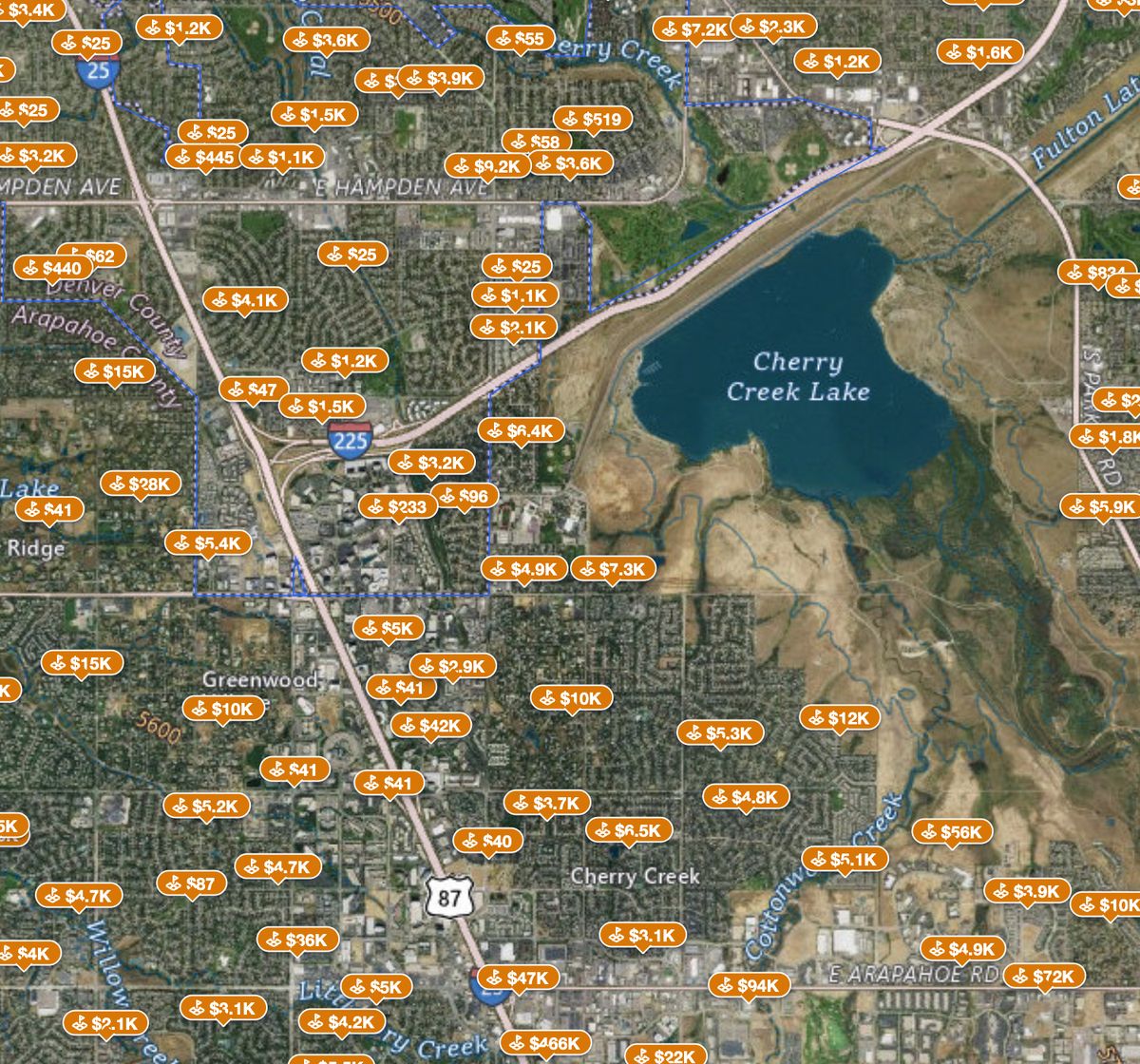 The Parsell map over Cherry Creek Lake, Colorado, with a price pin on every tax sale listing