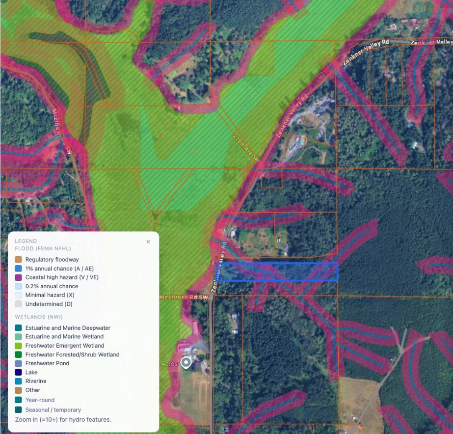 Flood zone, wetland and stream buffer overlays along Zenkner Valley Rd, with the map legend open
