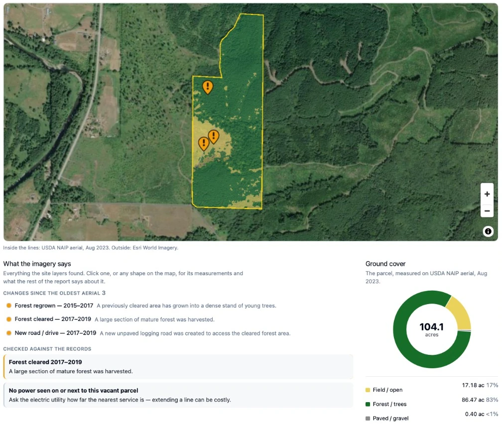 Full report site analysis on a 104 acre parcel: ground cover traced on the USDA aerial, the forest cleared and regrown since the oldest aerial, and a 17 acre field, 86 acre forest split