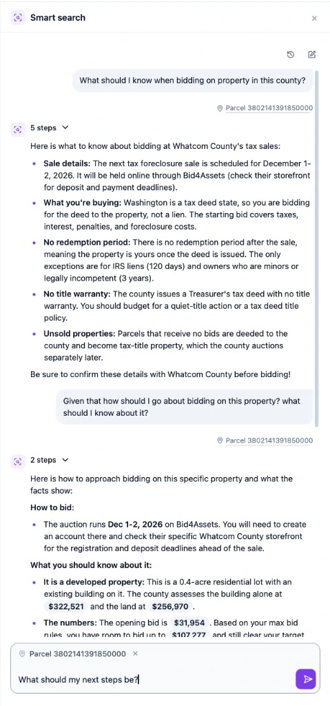 Smart search answering how to bid on a Whatcom County parcel: the Bid4Assets sale dates, a tax deed with no redemption period or title warranty, and how high the max bid lets you go